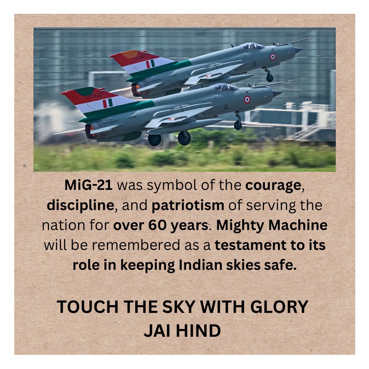 NishaYogeeshwar's tweet image. MiG-21 was symbol of the courage, discipline, and patriotism of serving the nation for over 60 years. TOUCH THE SKY WITH GLORY. Indian Air Force 🫡 #mig21 #touchtheskywithglory✈ #indianairforce #futureofindia #nishayogeshwar #womenleaders #selfmade #adversityisopportunity…
