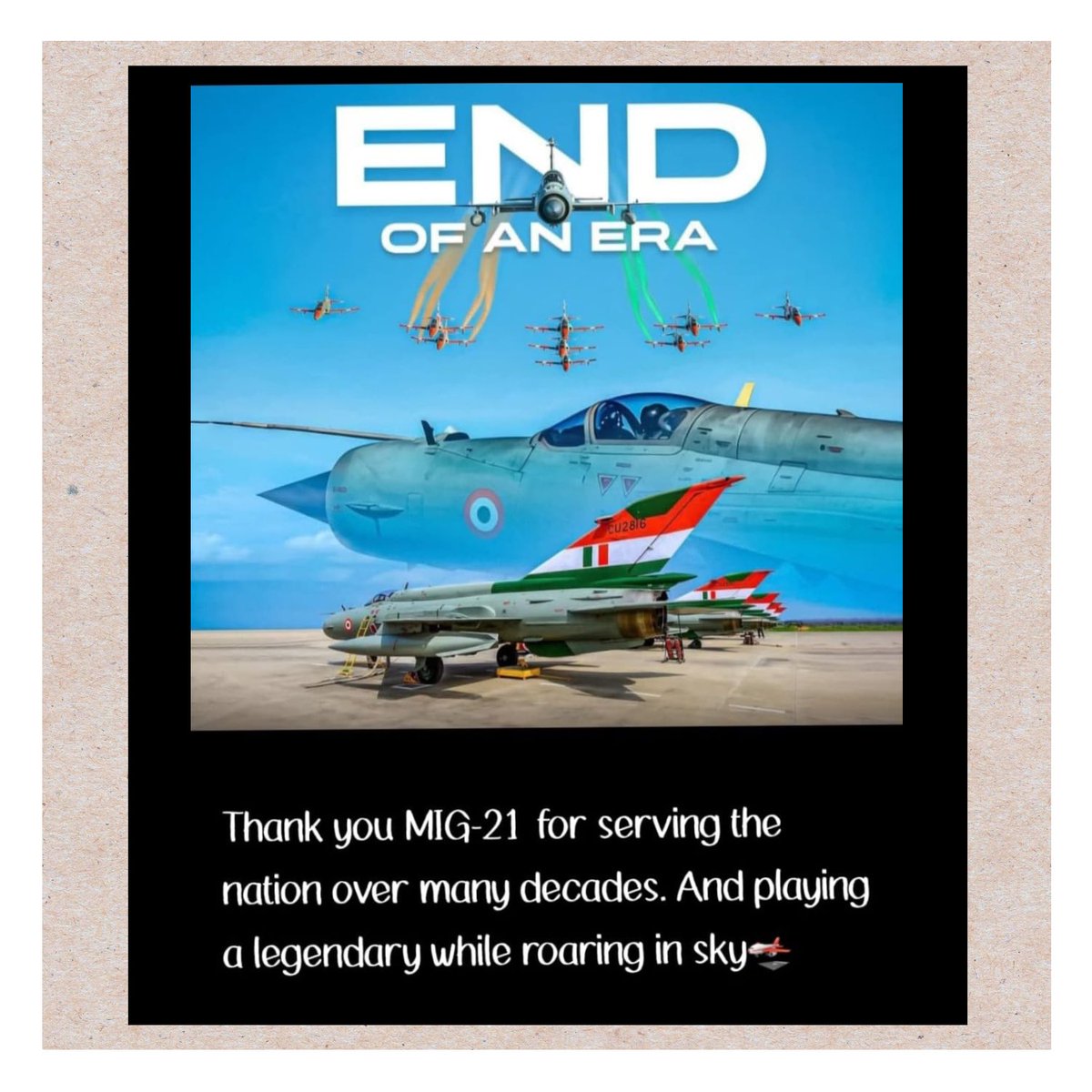 NishaYogeeshwar's tweet image. MiG-21 was symbol of the courage, discipline, and patriotism of serving the nation for over 60 years. TOUCH THE SKY WITH GLORY. Indian Air Force 🫡 #mig21 #touchtheskywithglory✈ #indianairforce #futureofindia #nishayogeshwar #womenleaders #selfmade #adversityisopportunity…