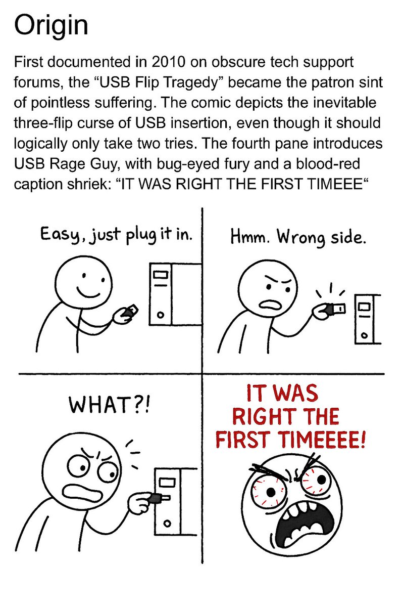 First documented in 2010 on obscure tech support forums, the "USB Flip Tragedy" became the patron sint of pointless suffering. The comic depicts the inevitable three-flip curse of USB insertion, even though it should logically only take two tries. The fourth pane introduces USB
