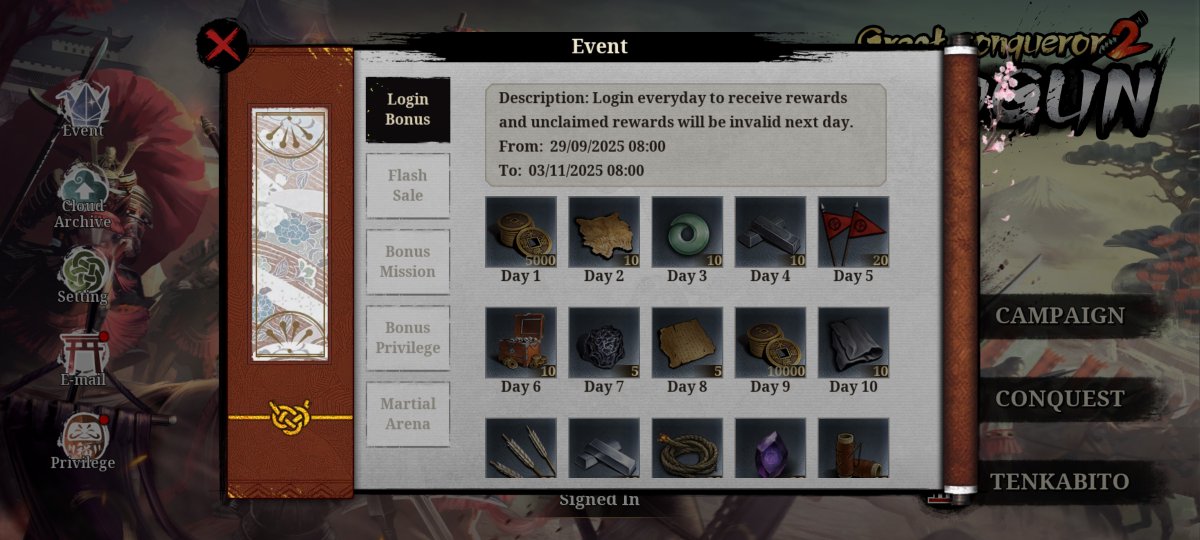 easytech_game's tweet image. Dear Commanders,
To celebrate the upcoming holidays, Great Conqueror 2: Shogun will launch a series of exciting in-game events!
Starting September 29, log in daily to claim generous in-game rewards. 
Beginning October 1, even more benefits await, including Flash Sales, Bonus…