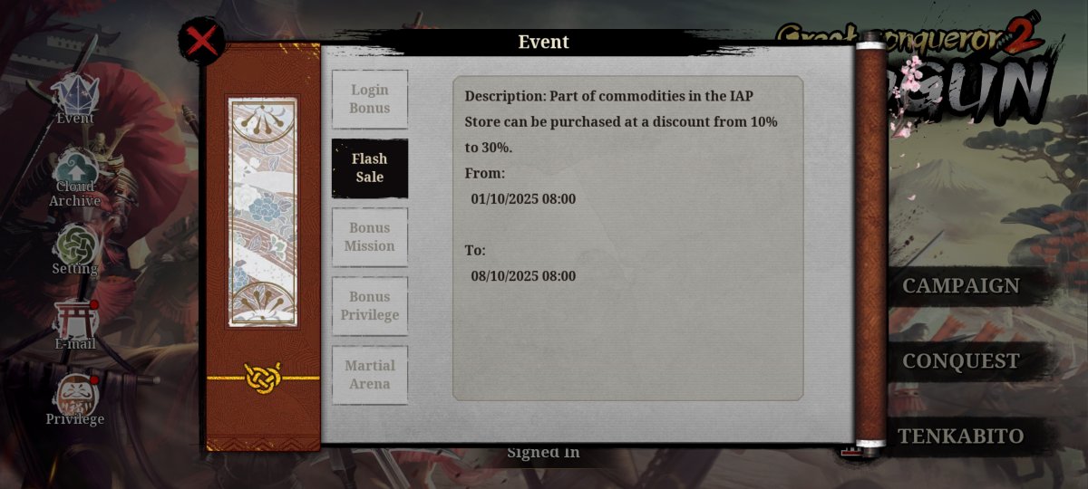 easytech_game's tweet image. Dear Commanders,
To celebrate the upcoming holidays, Great Conqueror 2: Shogun will launch a series of exciting in-game events!
Starting September 29, log in daily to claim generous in-game rewards. 
Beginning October 1, even more benefits await, including Flash Sales, Bonus…