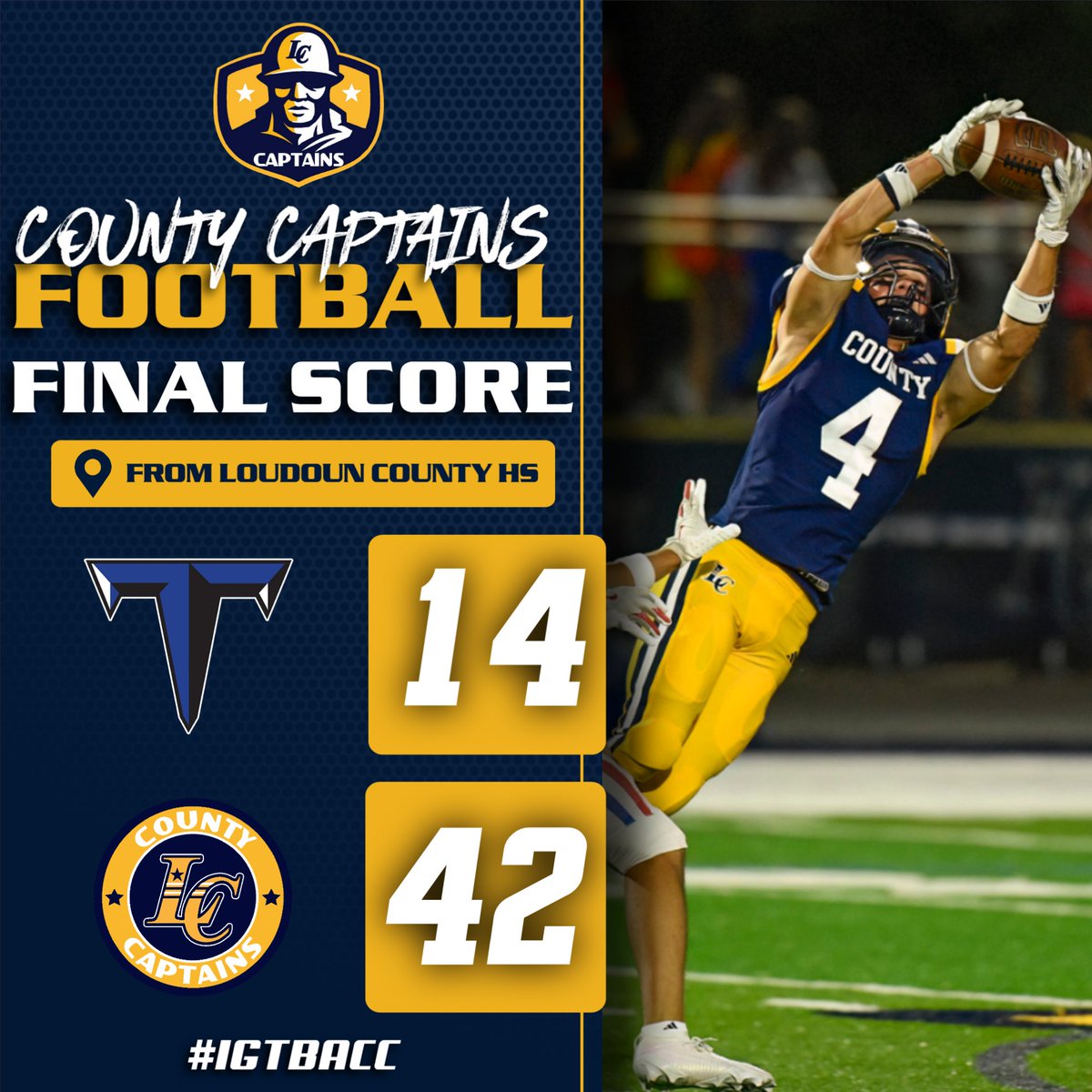Congratulations to the Captains Football Team on defending their home turf and defeating the visiting Tuscarora Huskies by a score of 42-14! Way to go Captains! #IGTBACC <a href="/LoudounCountyFB/">Loudoun County Football</a> 

Photo Credit: jklimphotos