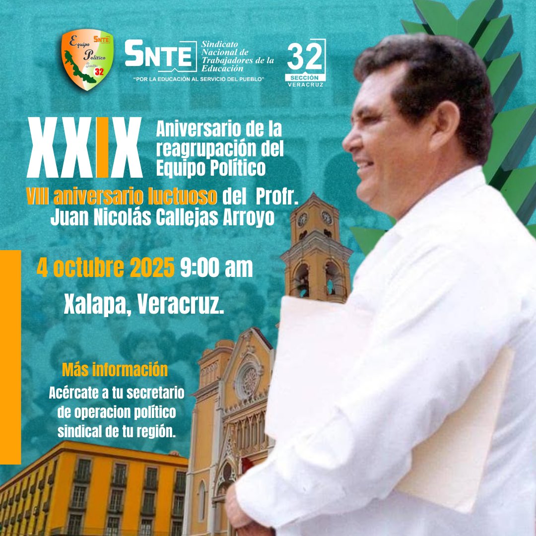 Equipo_Politico's tweet photo. La Directiva de la Sección 32 del SNTE y el Consejo del Equipo Político convocan al magisterio veracruzano a la gran conmemoración del:

XXIX Aniversario de la Reagrupación del Equipo Político …

https://t.co/slSrSdFKh5

#SNTE32 #EquipoPolítico https://t.co/rJ9VOxdLrP