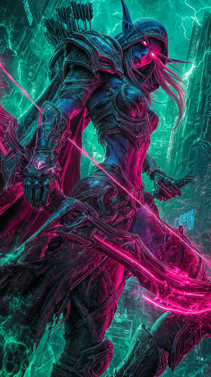 AK_AIgaming's tweet photo. What if Sylvanas Windrunner stepped into a futuristic city armed with a cutting-edge cyber suit? An archer transcending time for battles anew. 🔥🕰️
#AnimeArt #DigitalIllustration #GamingVisuals #EpicWarrior https://t.co/1cBueJRr6D