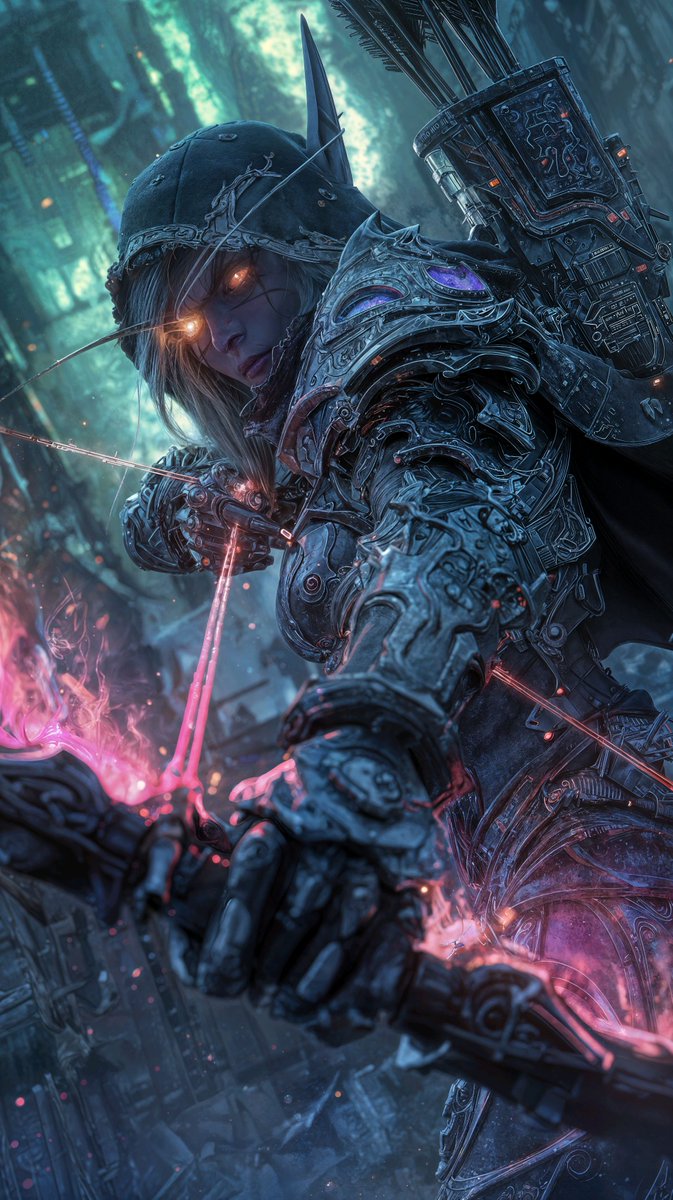 AK_AIgaming's tweet photo. What if Sylvanas Windrunner stepped into a futuristic city armed with a cutting-edge cyber suit? An archer transcending time for battles anew. 🔥🕰️
#AnimeArt #DigitalIllustration #GamingVisuals #EpicWarrior https://t.co/1cBueJRr6D