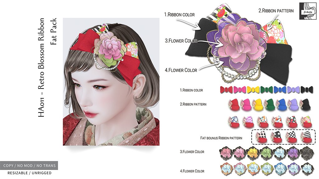 KaiRexen's tweet photo. Neo-Japanに参加します！
Schelmからは、大正ロマンをイメージしたヘッドアクセサリーとイヤリングです。
リボンの色・柄・花の上下が変わる仕様です。
イヤリングは左右別々に上下の花のカラーが変わります。

リグは入っていないので好きなところに好きな大きさで着けてもらえばと思います！ｗ https://t.co/5dpIwNDX4O
