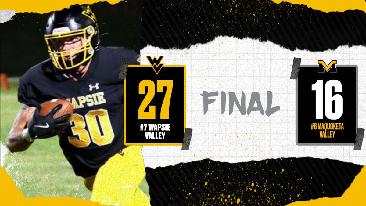 WapsieAthletics's tweet photo. π | Final
#7 Wapsie Valley - 27
#8 Maquoketa Valley - 16
#WarriorPride #WVFB #iahsfb https://t.co/qUrfKOUiPG