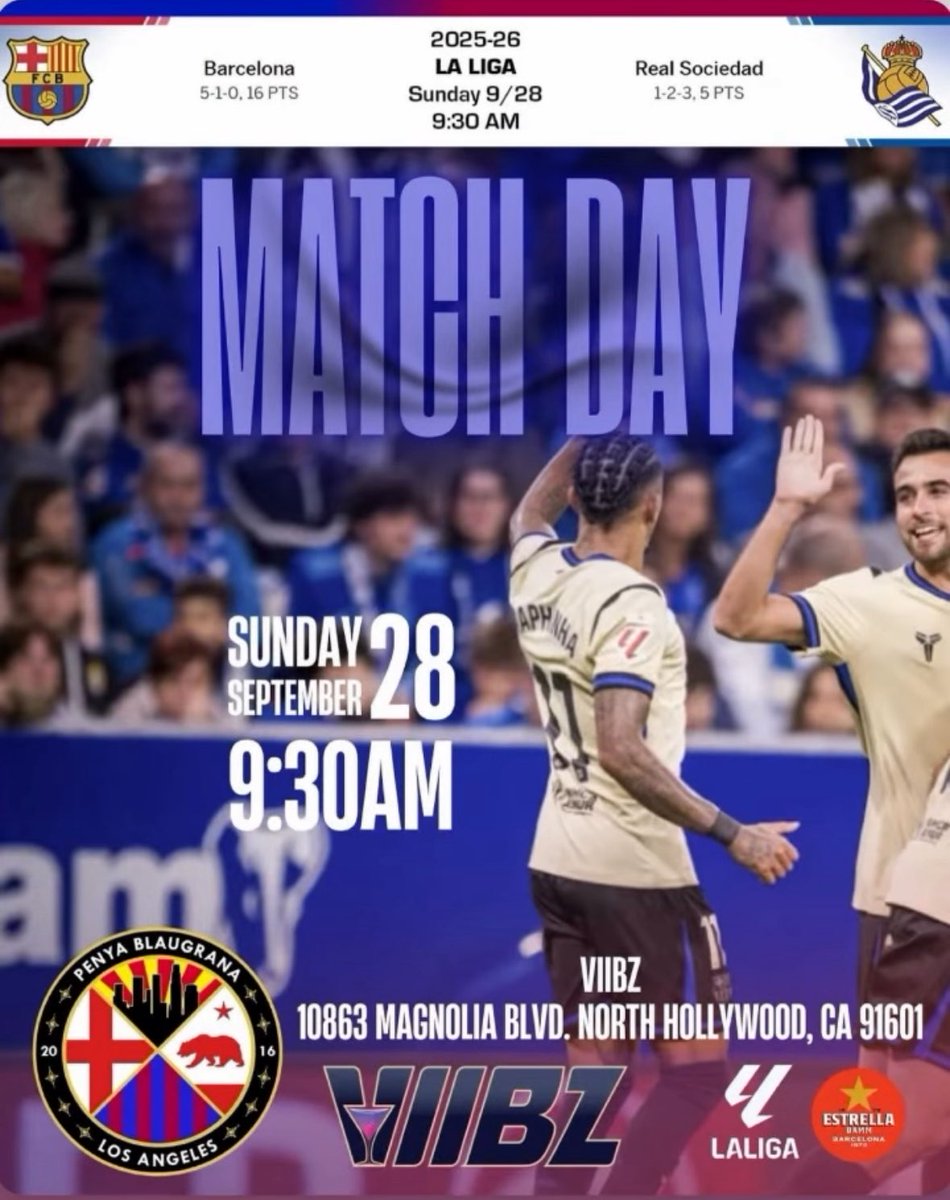 ⏰ Rise &amp; shine culers! It’s an early kickoff but PBLA never sleeps!
Doors open at 9AM sharp and we’re rolling deep!

9:30 AM Kickoff 
📍VIIBZ, North Hollywood

Let’s pack the house bright and early

Come try the new SIGNATURE PBLA DRINK! 
LAMINE YAMAL
Tequila + Estrella = 💣 🧨