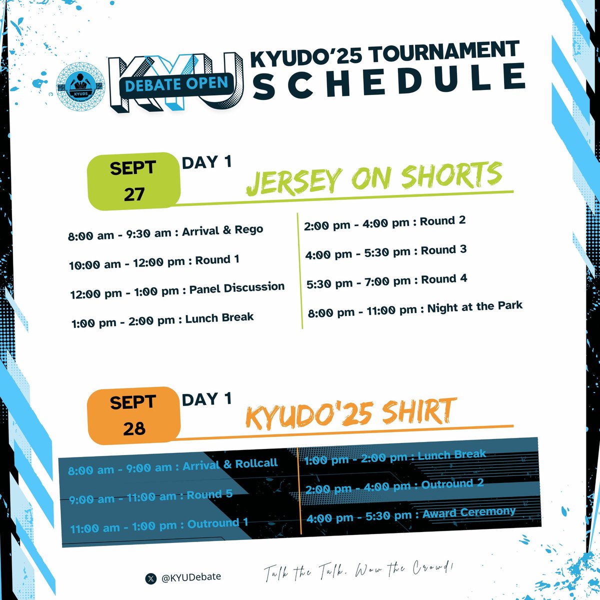 NDU_debate's tweet photo. Ready to debate? The official schedule for the KYUDO'25 Debate Open is locked in! September 27th &amp; 28th. Time to Talk the Talk!!! 🎤 https://t.co/V684S0qWB5