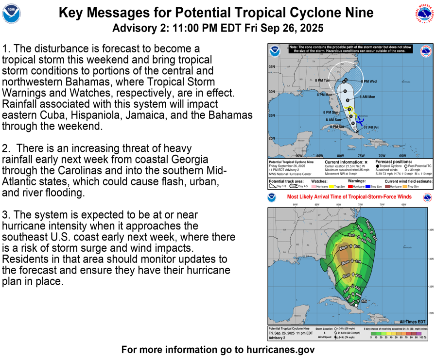 NHC_Atlantic's tweet image. 11 pm EDT Fri, Sep. 26 Key Messages for Potential Tropical Cyclone #Nine.

English: nhc.noaa.gov/refresh/graphi…

Español: nhc.noaa.gov/refresh/graphi…