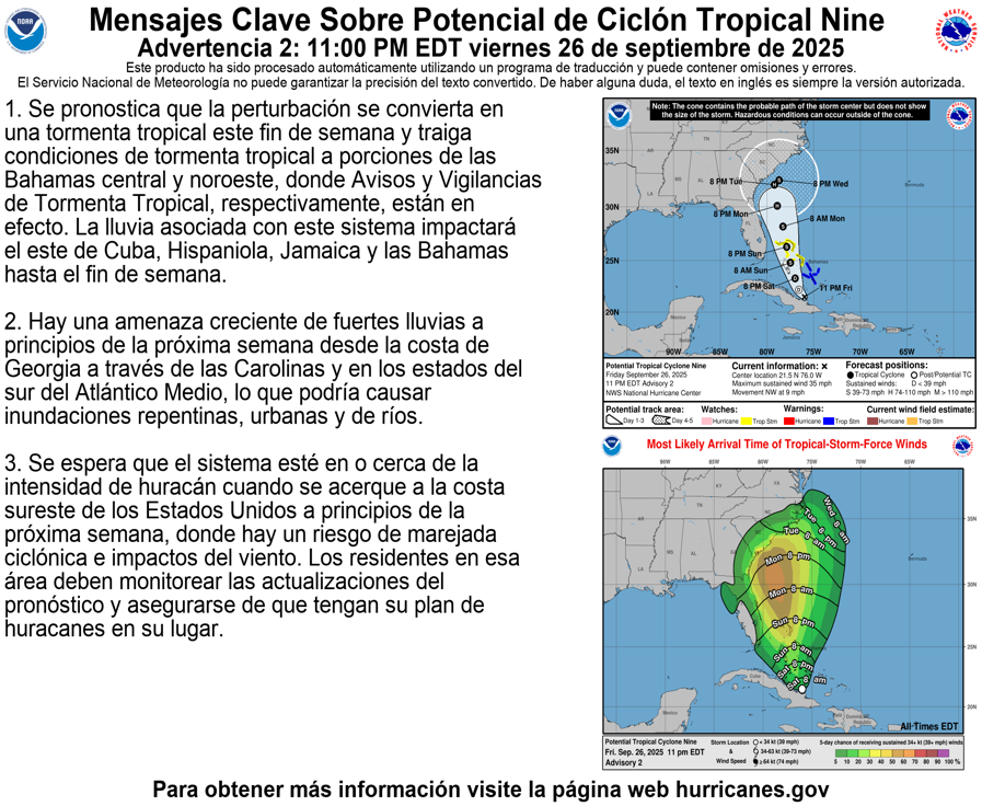 NHC_Atlantic's tweet image. 11 pm EDT Fri, Sep. 26 Key Messages for Potential Tropical Cyclone #Nine.

English: nhc.noaa.gov/refresh/graphi…

Español: nhc.noaa.gov/refresh/graphi…