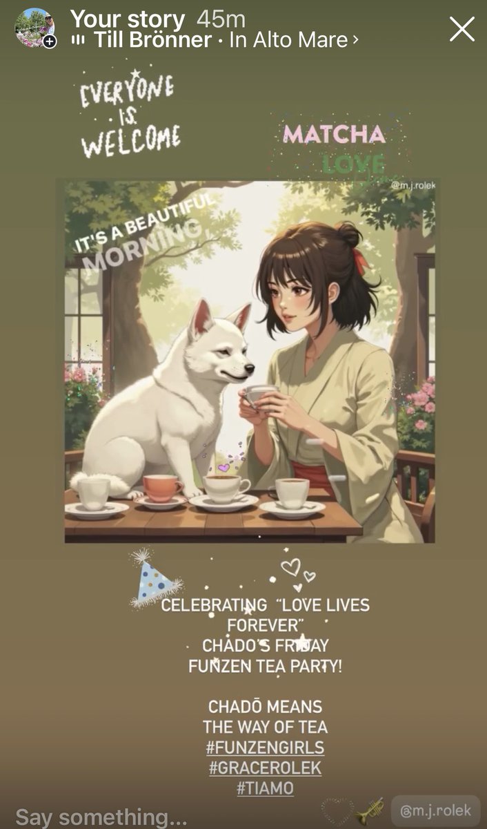 MindfulPosture's tweet photo. Celebrating 🎉🥳💚
“Love Lives Forever” Chado’s Friday #TGIF 🤍🐾
FunZen Tea Party! 🍵☕️🎐🎈🎏
Chadō means the way of tea 🫖🍵
#instagram #funzengirls #chado #tea #allarewelcome #gracerolek #italia #tiamo #tillbronner https://t.co/xVdvVQlxEJ