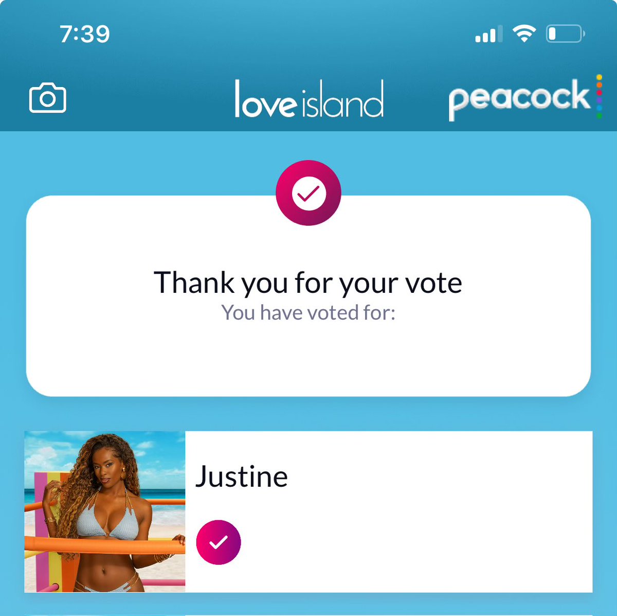 JulesAmna's tweet photo. Did you vote Justine? 
I want to see proof!!! #LoveislandGames https://t.co/Uzt26HVOHe