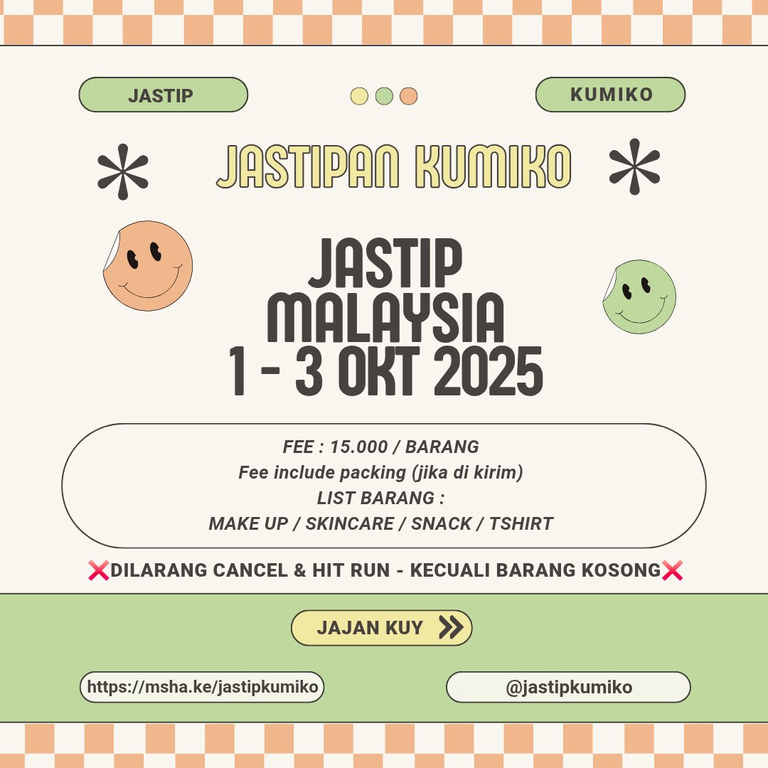 OPEN JASTIP MALAYSIA 

Beryl's, Hurix's Balm, Minyak Caplang, Daiso, Blackmores, Coffee, Tea, KitKat, Milo, Cookies, Popcorn Garrett, dll

order : 1 - 3 Okt
buy : 4 Okt
send : 9 Okt
send by J&amp;T MANUAL REGULER

DM for serious buyer🫶🏻