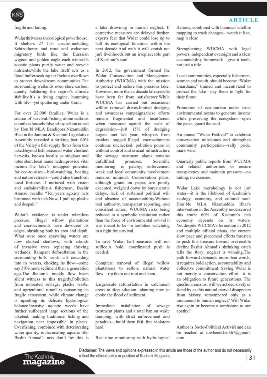 TowheedSheikh2's tweet photo. Honoured that my article "Wular Lake On The Brink"first featured in Border Affairs (Vol. 20)—has now drawn attention from several other magazines as well. Grateful for the growing dialogue on protecting this iconic lake. https://t.co/EtHqSNZWh1