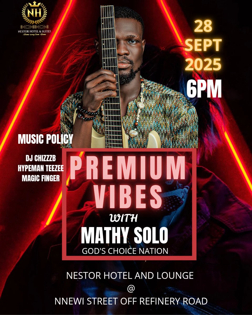 MathySoloMSGCN's tweet image. Premium Vibes 🎸✨ with Mathy Solo!
📅 Sept 28 | ⏰ 6PM
📍 Nestor Hotel &amp;amp; Lounge, Nnewi Street Off Refinery Rd.

#PremiumVibes #LiveMusic
#MSGCN⭐
