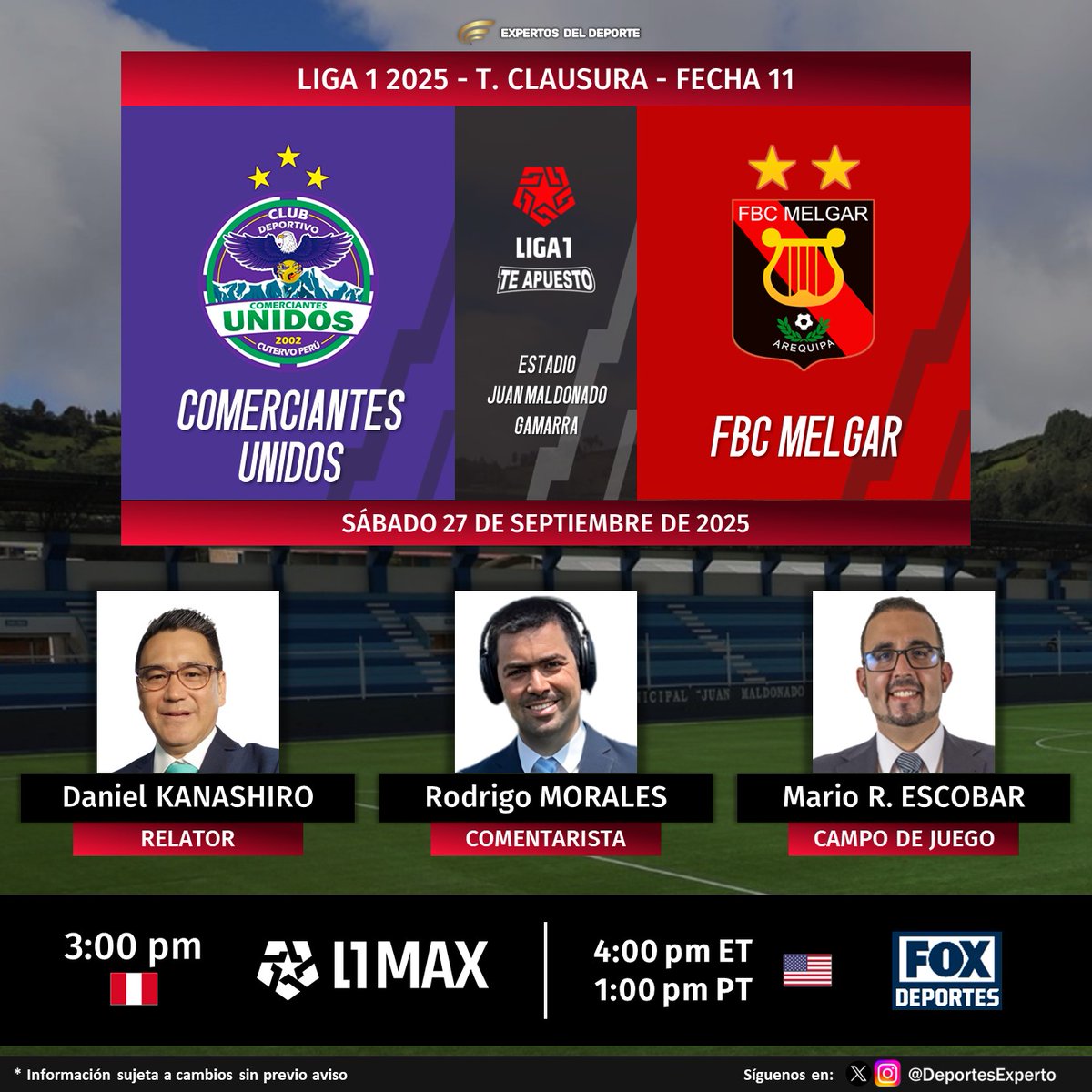 Expertos del Deporte (@deportesexperto) on Twitter photo ⚽ #Liga1TeApuesto 🇵🇪 | #TorneoClausura
#ComerciantesUnidos vs. #FBCMelgar
🎙️ Relator: <a href="/danykanashiro/">Daniel Kanashiro 🎙️</a> 
🎙️ Comentarista: <a href="/cejamorales/">Rodrigo Morales</a> 
🎙️ Campo de Juego: <a href="/MarioREscobar/">Mario Ricardo Escobar</a>  
📺 @L1Max_ 🇵🇪
📺 <a href="/FOXDeportes/">FOX Deportes</a> 🇺🇸
💻📱 #L1Max by #Fanatiz 🌎
🤳 #ElADNdelHincha - #L1Max ⚽ #Liga1TeApuesto 🇵🇪 | #TorneoClausura
#ComerciantesUnidos vs. #FBCMelgar
🎙️ Relator: <a href="/danykanashiro/">Daniel Kanashiro 🎙️</a> 
🎙️ Comentarista: <a href="/cejamorales/">Rodrigo Morales</a> 
🎙️ Campo de Juego: <a href="/MarioREscobar/">Mario Ricardo Escobar</a>  
📺 @L1Max_ 🇵🇪
📺 <a href="/FOXDeportes/">FOX Deportes</a> 🇺🇸
💻📱 #L1Max by #Fanatiz 🌎
🤳 #ElADNdelHincha - #L1Max