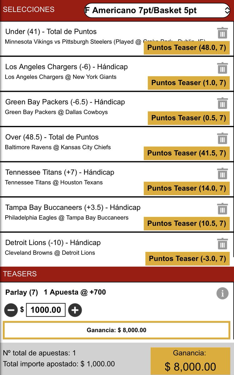 El #SuperTeaser de la semana 4 🍀

Como dice <a href="/arturobenavidez/">Arturo Benavidez</a> y <a href="/quiquegaray/">Enrique Garay</a> NO hagamos un Teaser de 7 resultados, mejor dividamos los partidos en 2 teasers de 3 y 4 juegos. 

Si prefiere como <a href="/jonathansierrag/">Jonathan Sierra</a> meta los 7 juegos y cobraría hasta 8,000 cortesía de <a href="/calientesports/">Caliente Sports</a>