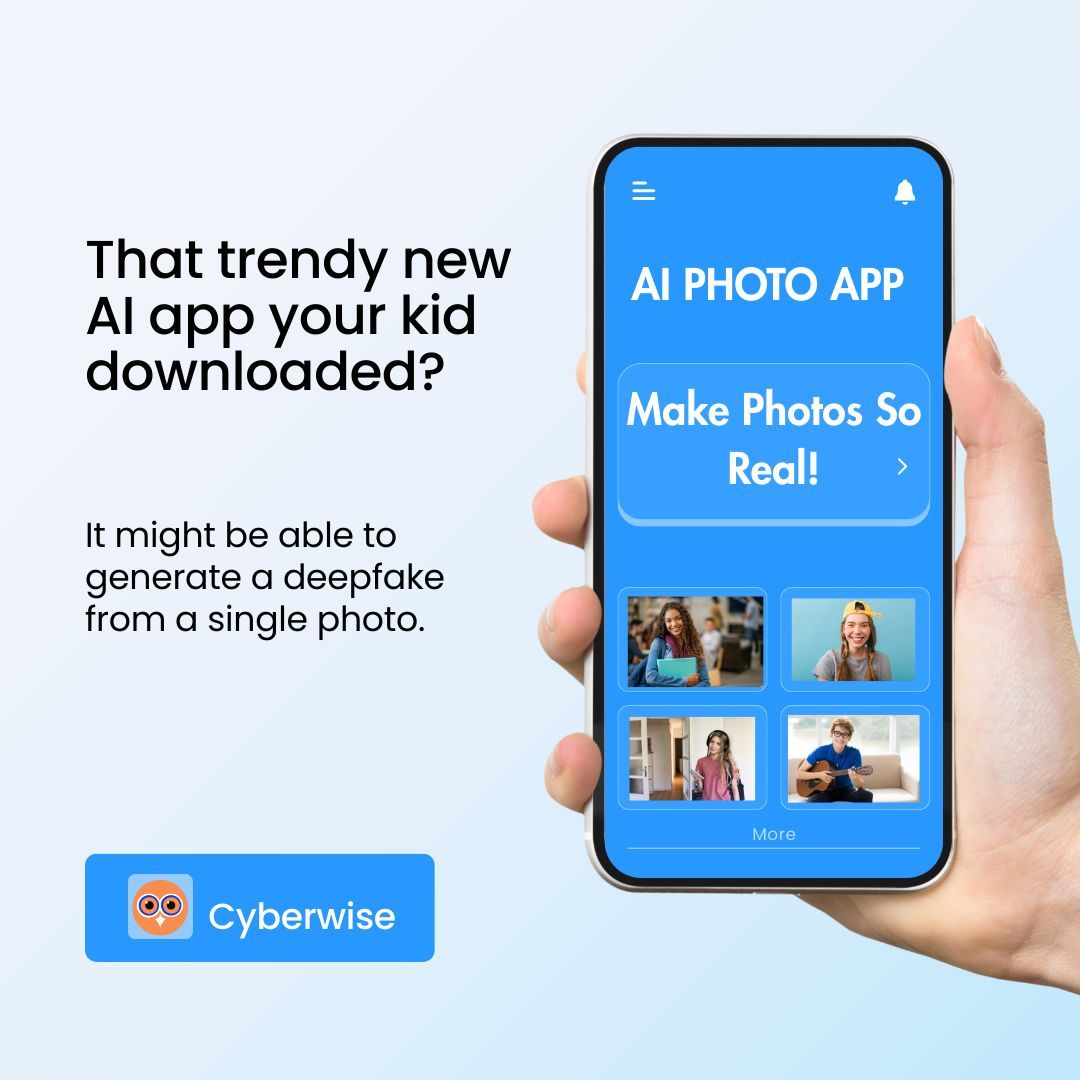BeCyberwise's tweet image. That trendy new AI app your kid downloaded?
It might be able to generate a deepfake from a single photo.
🎓 At Cyberwise, we help parents know what’s out there—and how to keep kids safe without panic.
Ready to wise up? cyberwise.org
#AIFilterWarning #CyberwiseTips