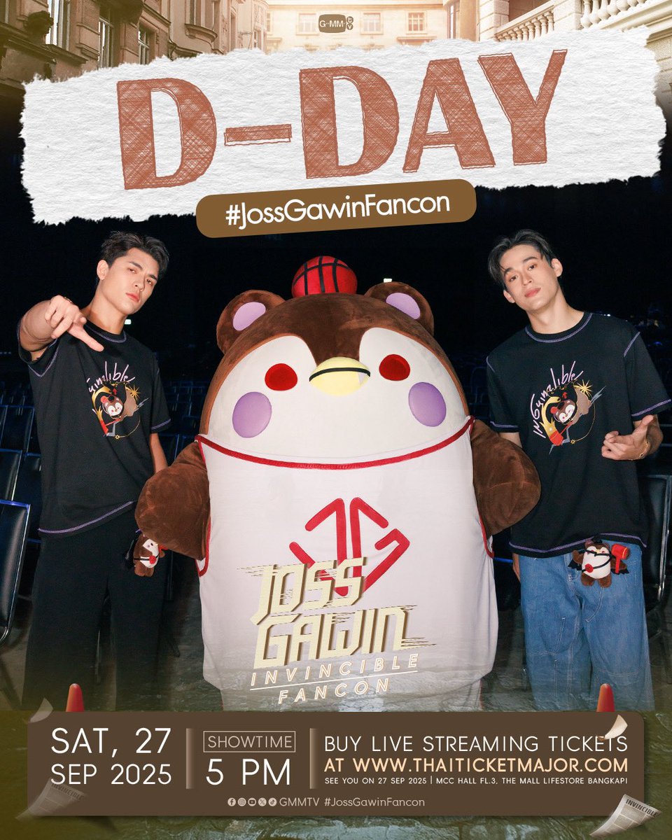 D-DAY!💥 #JossGawinFancon

‘JOSS GAWIN INVINCIBLE FANCON’ 💪🏻💥

📌 Buy Live Streaming Tickets :  shorturl.asia/Sd7xR

SEE YOU ON SATURDAY, 27 SEPTEMBER 2025
📍 MCC HALL FL.3, THE MALL LIFESTORE BANGKAPI

#GMMTV
<a href="/Josswayar/">JWR</a> <a href="/gawincaskey/">Gawin Caskey</a> <a href="/guinzly__gmmtv/">GUINZLY</a>