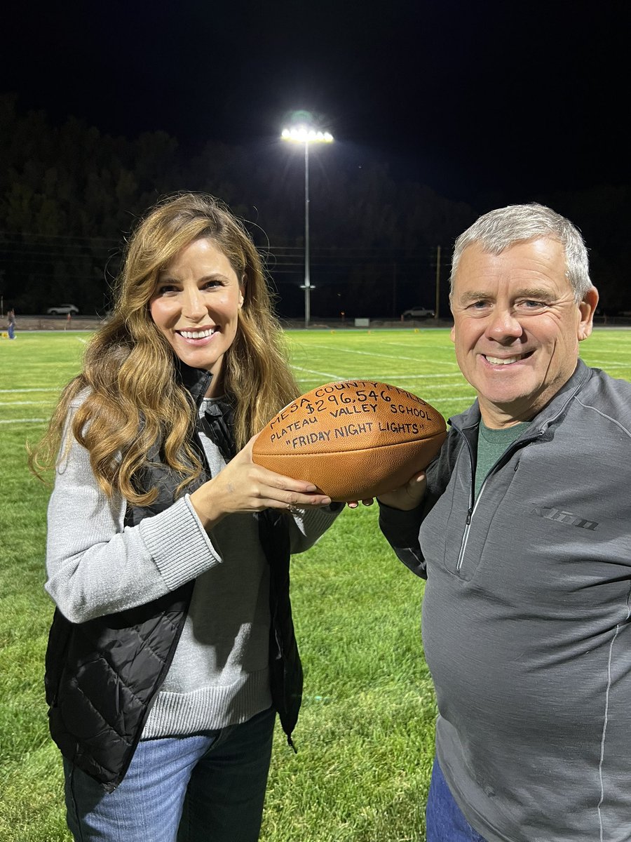 MesaFMLD's tweet photo. Our board members were presented with a game ball from the first #FridayNightLights game at Plateau Valley. 

The MCFMLD gave them a traditional grant to purchase the field lights.

#oilandgasgrants #oilandgas #MesaCounty https://t.co/rnhpHSO20q