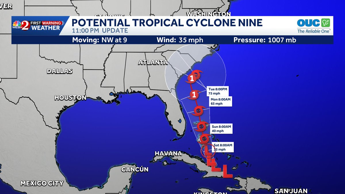 TMainolfiWESH's tweet photo. 11 PM Update: #PTC9 is still expected to become hurricane #Imelda as it goes by to the east of Central #florida. The cone has shifted just east of #Flager and #Volusia counties tonight as we have seen a shift in the models to the east. Stay with #weshwx for the latest. https://t.co/l0bVlqMc4U