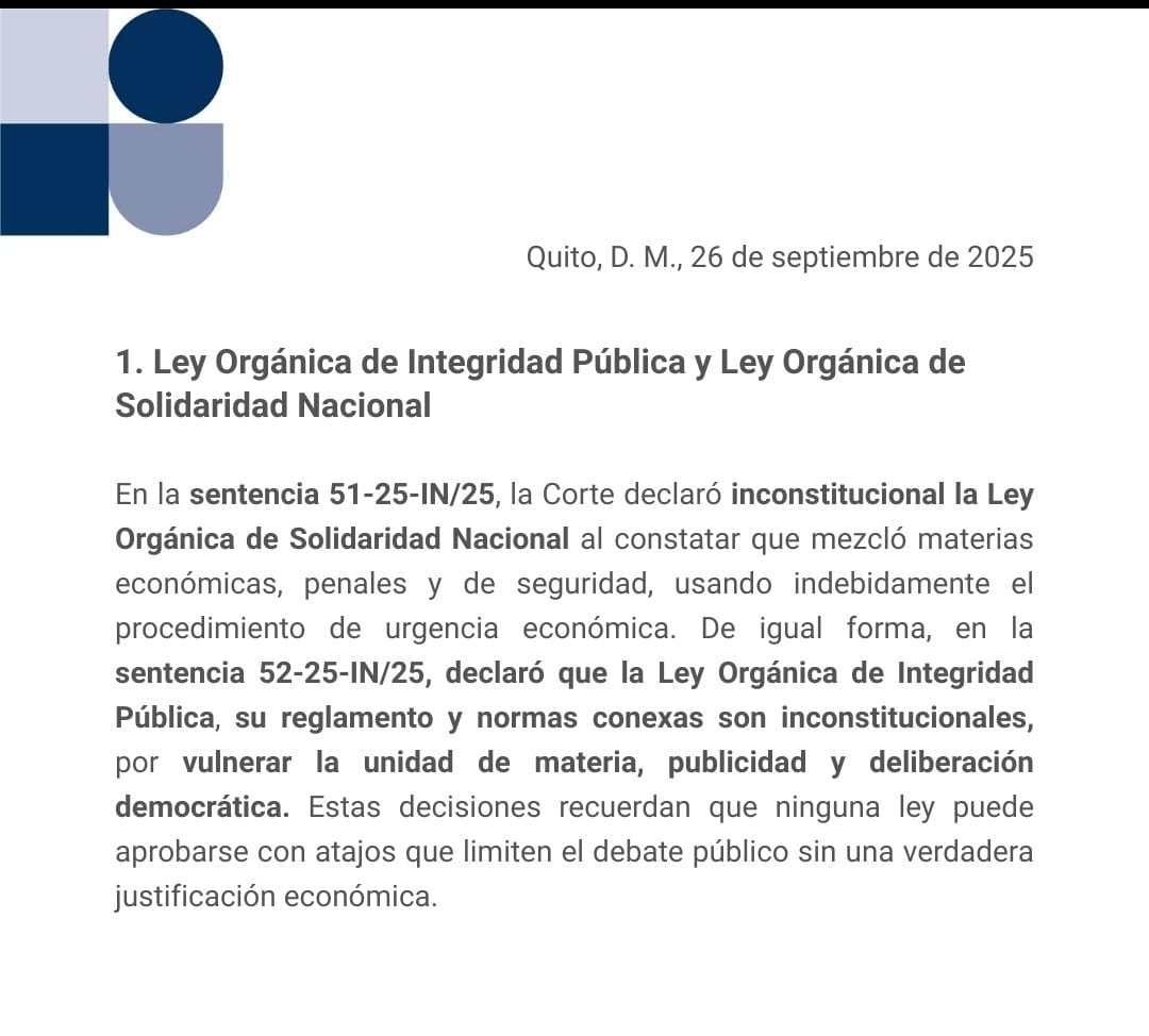 Acertada decisión de la <a href="/CorteConstEcu/">Corte Constitucional</a> de declarar la inconstitucionalidad por la forma de la Ley Orgánica de Integridad Pública, aceptando demandas de <a href="/AsoJuecesEc/">Aso. Jueces - Ecuador - AEMAJ</a> y el Colectivo "Fiscalia  Unida". No será posible la emergencia judicial que violaba la independencia judicial...