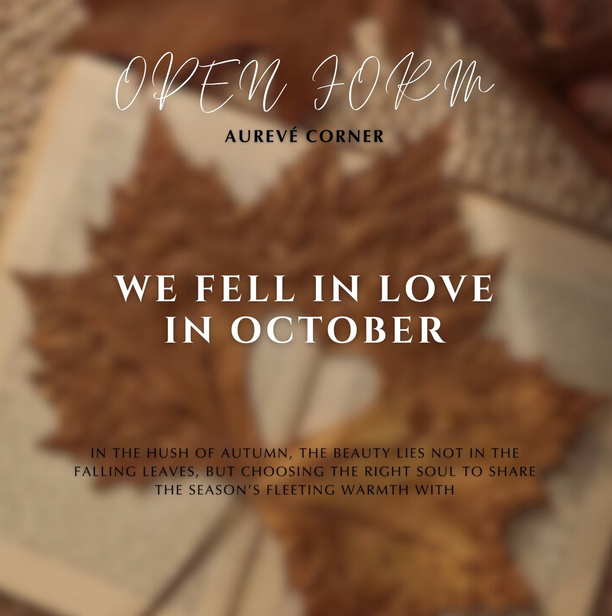 OPEN FORM OCTOBER

Choose the right soul to share the season's fleeting warmth with 

— Aurevé Corner