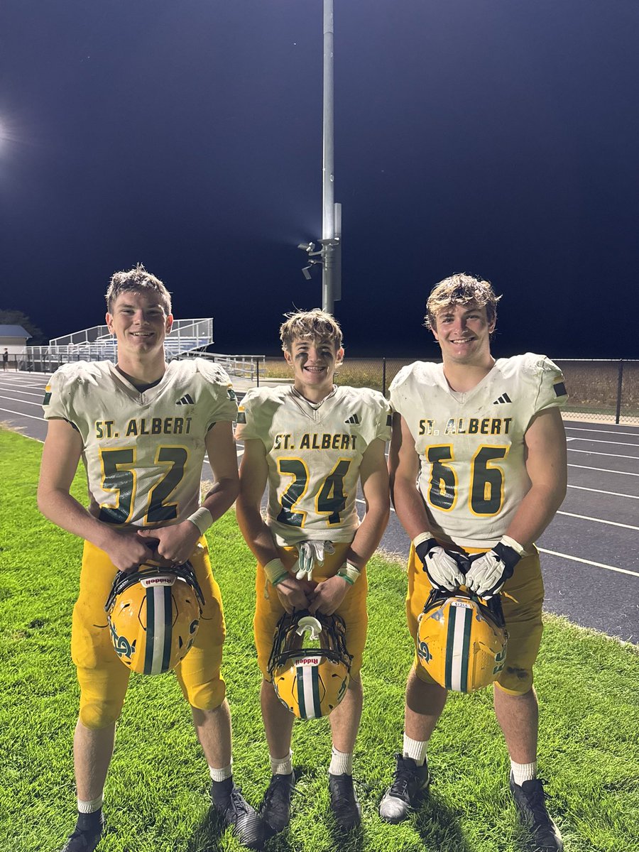 JoeNarmi's tweet photo. The St. Albert Falcons improved to 4-1 (4-0 District) with a 54-26 victory over the Westwood Sloan Rebels.  
Your KMA POGs (L-R): Cohen Hamilton (4 tackles, 1 assist, 2 sacks); Kyle Irwin (5 receptions-68 rec. yards, 224 yds rushing, 4 tds); King Sawyer Sheffield (1 tackle, 4 assists, 1 fumble recovery for td).  Cohen and King Sawyer are part of offensive line that accounted for 282 yds rushing , 114yds passing, and 7 offensive tds.  #kmasports