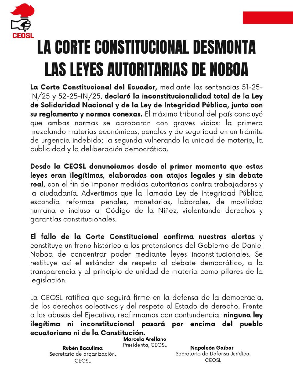 🚨El fallo de la <a href="/CorteConstEcu/">Corte Constitucional</a> confirma nuestras alertas y constituye un freno histórico a las pretensiones del Gobierno de <a href="/DanielNoboaOk/">Daniel Noboa Azin</a> de concentrar poder mediante leyes inconstitucionales. Se restituye así el estándar de respeto al debate democrático, a la transparencia y