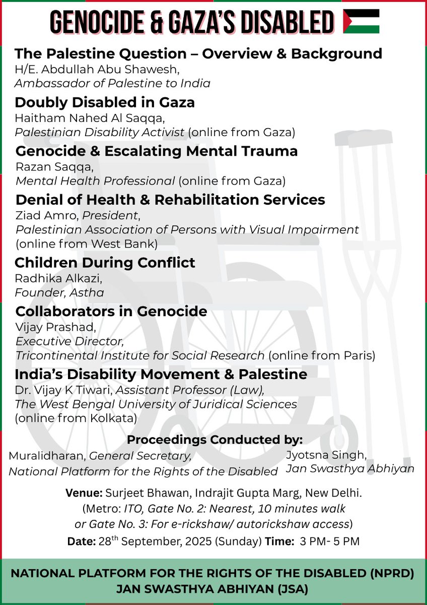 S. NAMBURAJAN | எஸ்.நம்புராஜன் (@snamburajan) on Twitter photo 🇵🇸 Gruesome #USA back #Israel kills over 65000 civilians!
🇵🇸 Several thousand #disabled stranded ghastly!
🇵🇸 <a href="/NPRD_IN/">National Platform for the Rights of the Disabled</a> organise program on #Genocide & #GazaDisabled
🇵🇸 Sep:28 Sunday 3pm@ #NewDelhi
Also Live stream:
youtube.com/live/haz-aes4D…
facebook.com/share/17D5w2Hj…
Join & Voice 🇵🇸 Gruesome #USA back #Israel kills over 65000 civilians!
🇵🇸 Several thousand #disabled stranded ghastly!
🇵🇸 <a href="/NPRD_IN/">National Platform for the Rights of the Disabled</a> organise program on #Genocide & #GazaDisabled
🇵🇸 Sep:28 Sunday 3pm@ #NewDelhi
Also Live stream:
youtube.com/live/haz-aes4D…
facebook.com/share/17D5w2Hj…
Join & Voice