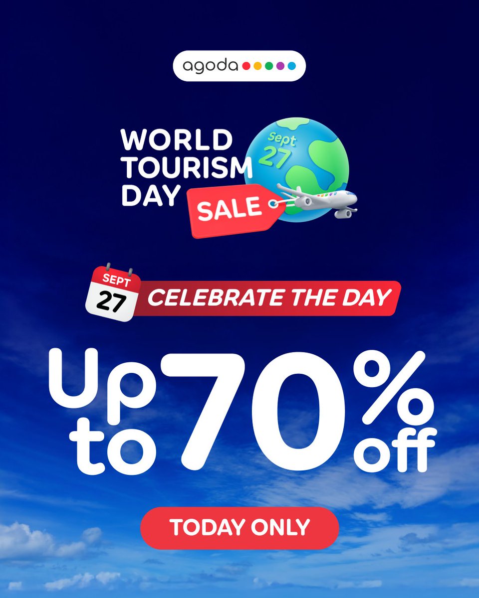 agodaindia's tweet image. 🌍 WORLD TOURISM DAY = WORLDWIDE FLASH SALE! 🎉

🚨 Today only: up to 70% OFF hotels, flights &amp;amp; activities!
🌟 Celebrate the day with us! 

Book now—the world's waiting for you! 
👉 ago-da.co/4nBhTmZ

#SeetheWorldforLess with #Agoda ✈️✨

T&amp;amp;Cs apply

#WorldTourismDaySale