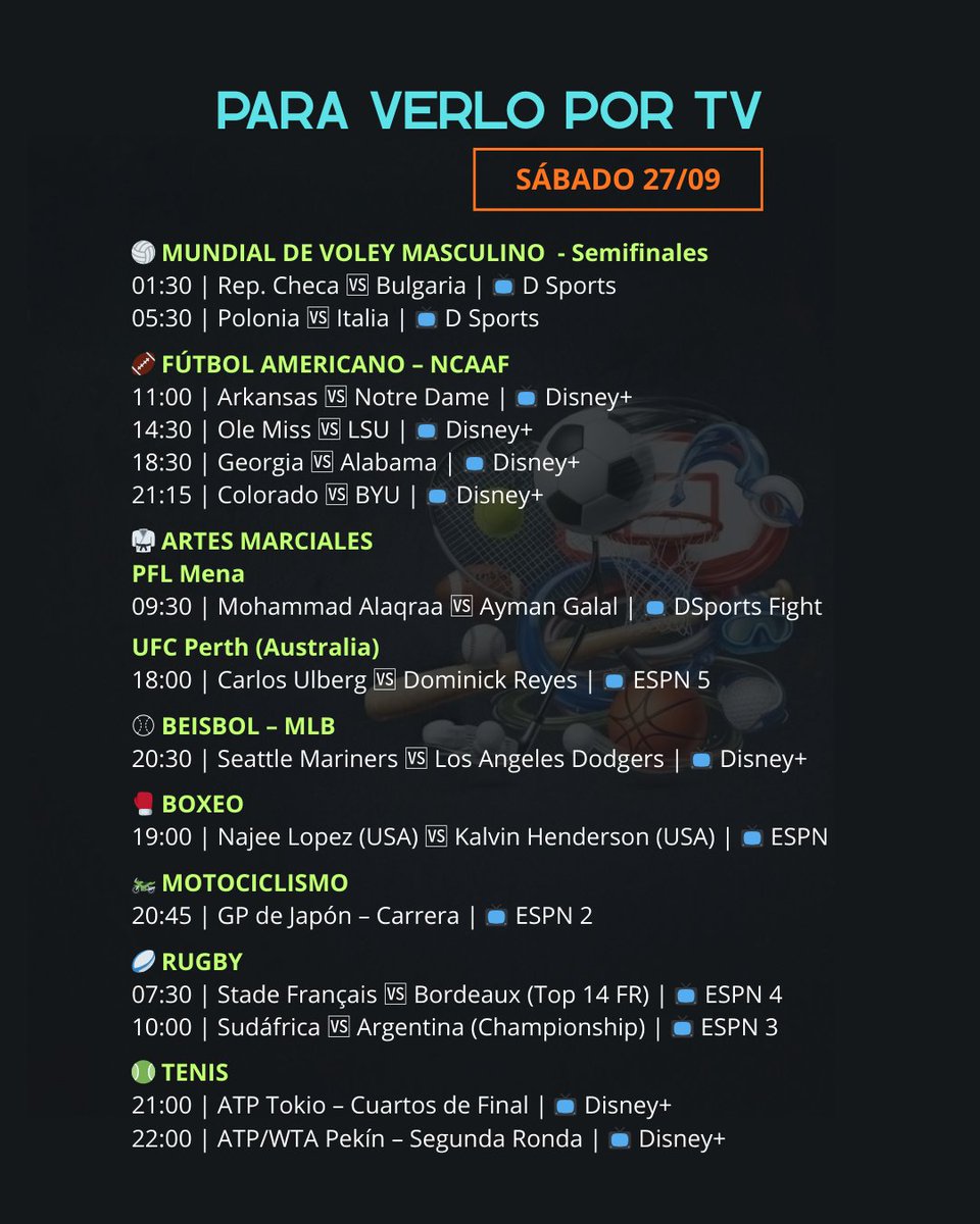 Expertos del Deporte (@deportesexperto) on Twitter photo #AgendaExpertos 
Sábado 27 de Septiembre
#Liga1 #LaLiga #PremierLeague #Bundesliga #SerieA #MundialSub20 #MundialDeVoley #UFCPerth 
#AgendaDeportiva #AgendaExpertos 
Sábado 27 de Septiembre
#Liga1 #LaLiga #PremierLeague #Bundesliga #SerieA #MundialSub20 #MundialDeVoley #UFCPerth 
#AgendaDeportiva