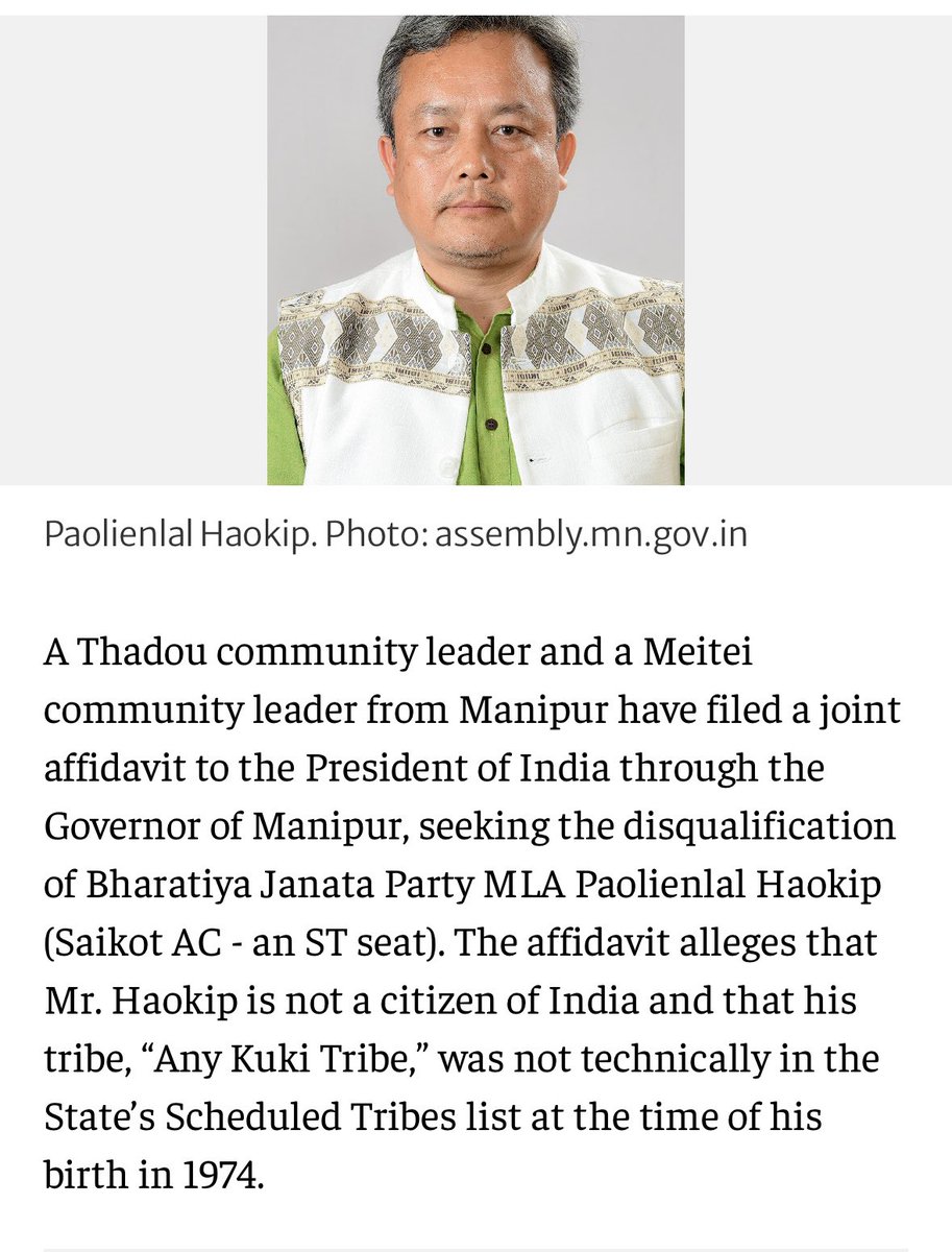 Lombanaidabi's tweet image. Burmese stump @BJP4India MLA  @paolienlal will now face the music! Affidavit filed in court by a Thadou and Meitei leader regarding the Burmese stump’s Indian citizenship. Will @sambitswaraj still act like a mendak and protect this refugee and illegal immigrant?

His “Any Kuki…
