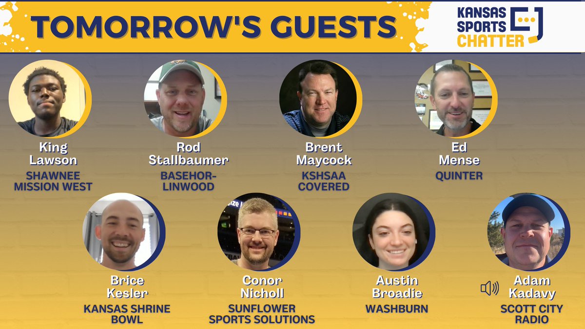 Kansas Sports Chatter (@ksportschatter) on Twitter photo A look at tomorrow's show...
- <a href="/King__2026/">King</a> - <a href="/SMWsports/">SM West</a> 🏈
- <a href="/rrqb21/">Rod Stallbaumer</a> - <a href="/BobcatFB/">Basehor-Linwood Football</a>
- <a href="/BrentKSHSAA/">Brent Maycock</a> - KSHSAA Covered
- Ed Mense - <a href="/QuinterHighScho/">Quinter High School</a> XC
- <a href="/BriceKesler/">Brice Kesler</a> - <a href="/KSShrineBowl/">Kansas Shrine Bowl</a>
- <a href="/cnichollHays/">Conor Nicholl</a> - Sunflower Sports Solutions
- Austin Broadie - <a href="/IchabodVB/">Washburn Volleyball</a> (Wichita-Trinity)
- A look at tomorrow's show...
- <a href="/King__2026/">King</a> - <a href="/SMWsports/">SM West</a> 🏈
- <a href="/rrqb21/">Rod Stallbaumer</a> - <a href="/BobcatFB/">Basehor-Linwood Football</a>
- <a href="/BrentKSHSAA/">Brent Maycock</a> - KSHSAA Covered
- Ed Mense - <a href="/QuinterHighScho/">Quinter High School</a> XC
- <a href="/BriceKesler/">Brice Kesler</a> - <a href="/KSShrineBowl/">Kansas Shrine Bowl</a>
- <a href="/cnichollHays/">Conor Nicholl</a> - Sunflower Sports Solutions
- Austin Broadie - <a href="/IchabodVB/">Washburn Volleyball</a> (Wichita-Trinity)
-