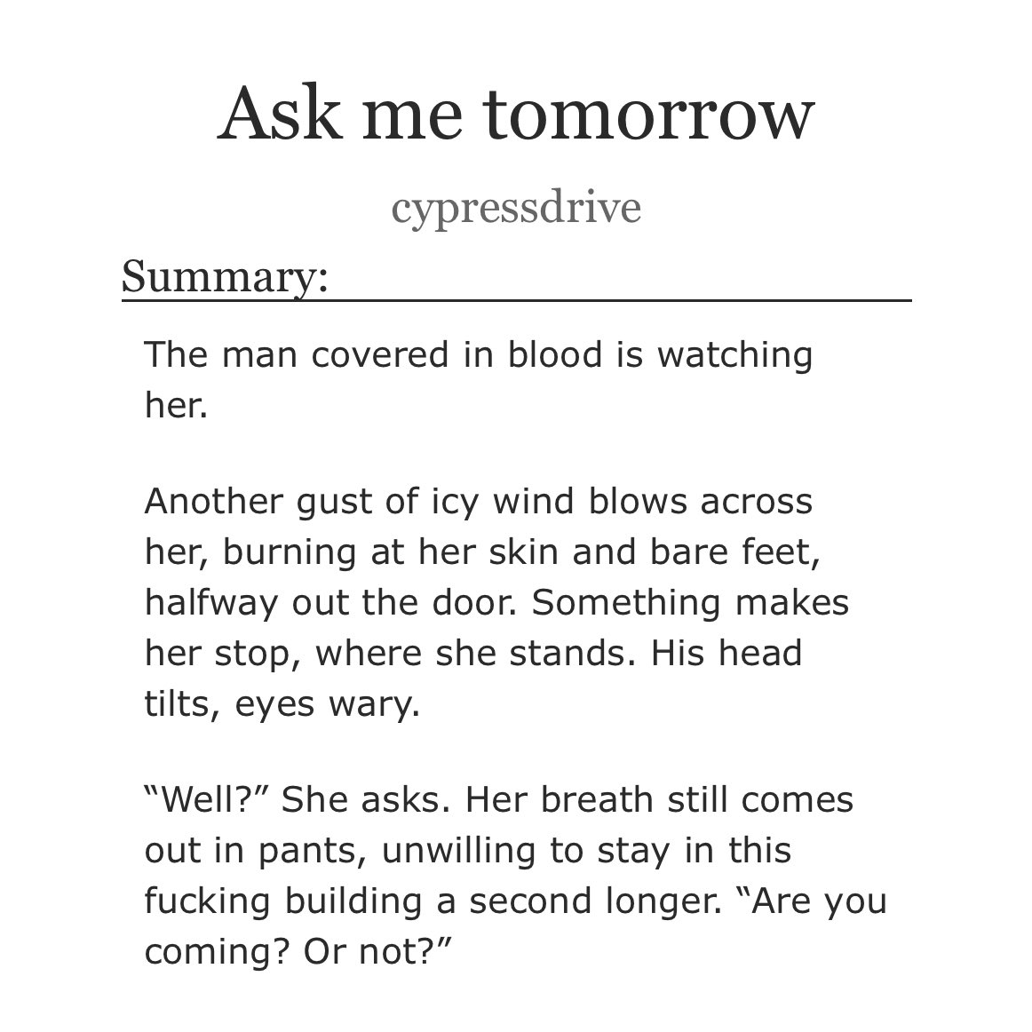 markhellyfics's tweet image. 🍁 Ask me tomorrow by cypressdrive
🏷️ #markhelly 
📈 not rated

Post Cold Harbor.

Mark and Helly find themselves on the outside, but they have no recollection of who they are, let alone that they love each other.

🔗: archiveofourown.org/works/67001101