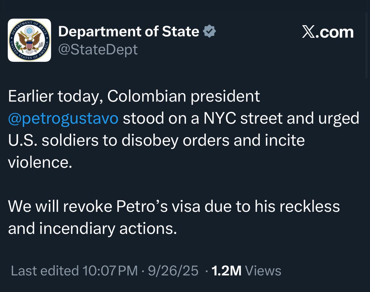 🚨 BREAKING: The U.S. State Department says it “will revoke” Colombian President Gustavo Petro’s diplomatic visa after he joined a pro-Palestinian protest outside UN headquarters in New York during the General Assembly.

At Dag Hammarskjold Plaza, Petro invoked U.S. troops’
