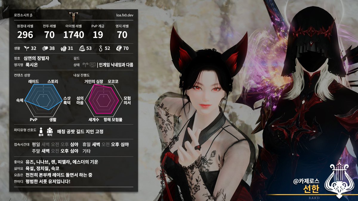 #로스트아크_트친소 #로아_트친소     

카제로스에서 서식중인 흑적과 여우귀를 매우매우매우매우매우 좋아하는 소심평범한 바드 메인 서폿유저입니다!
발키리,도화가, 홀리나이트도 키우고 있는 only 서폿 유저에요
1740 기념으로 트친소 올려봅니다! 
흔적 남겨주시면 무멘팔로 찾아갈게요!