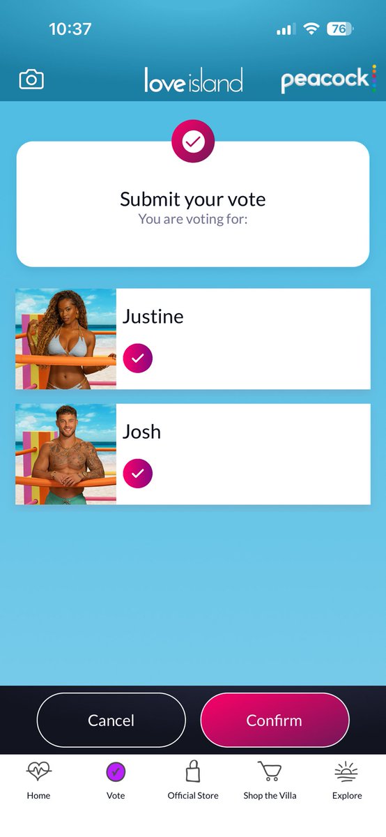 KristenDB96's tweet photo. I feel kind of bad voting for Josh &amp; not Andrea, but I always have to vote for Justine #loveislandgames https://t.co/E290EUiBSi
