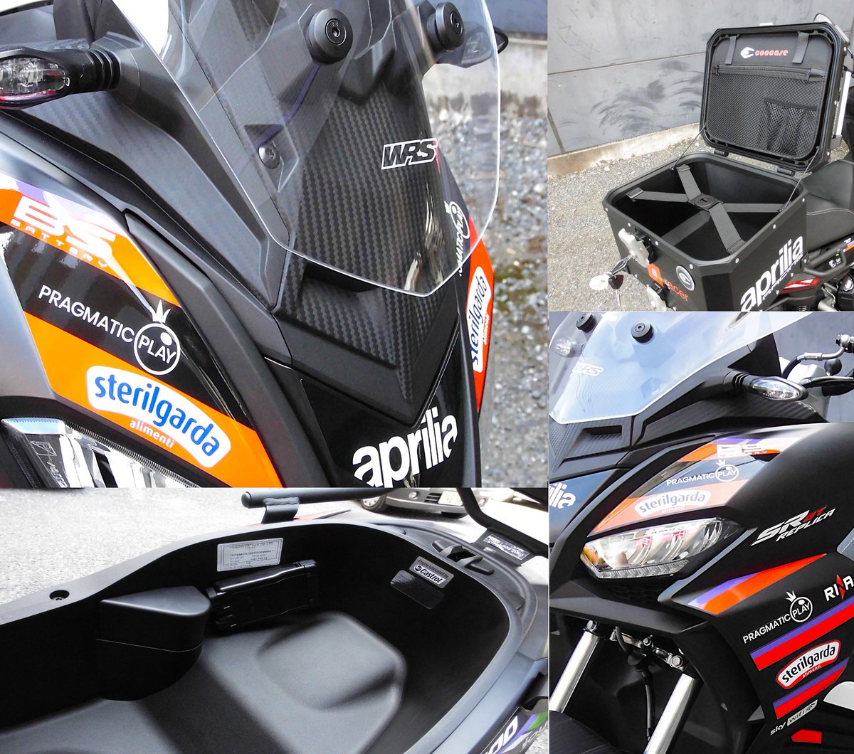 KanebanMoto's tweet photo. 🏁SR-GT200（2025GPレプリカ）
今年のスポンサーデカールが😆😆😆
少しロングなスクリーン（WRS）で視界もクリア！
トップケースはAPRILIA仕様🤟
（純正デカール貼っただけだけど。。。）

いかがでしょうか、MotoGP仕様SR-GT出来上がり！
国内在庫残り数台です！ https://t.co/L4RnvlCPAU