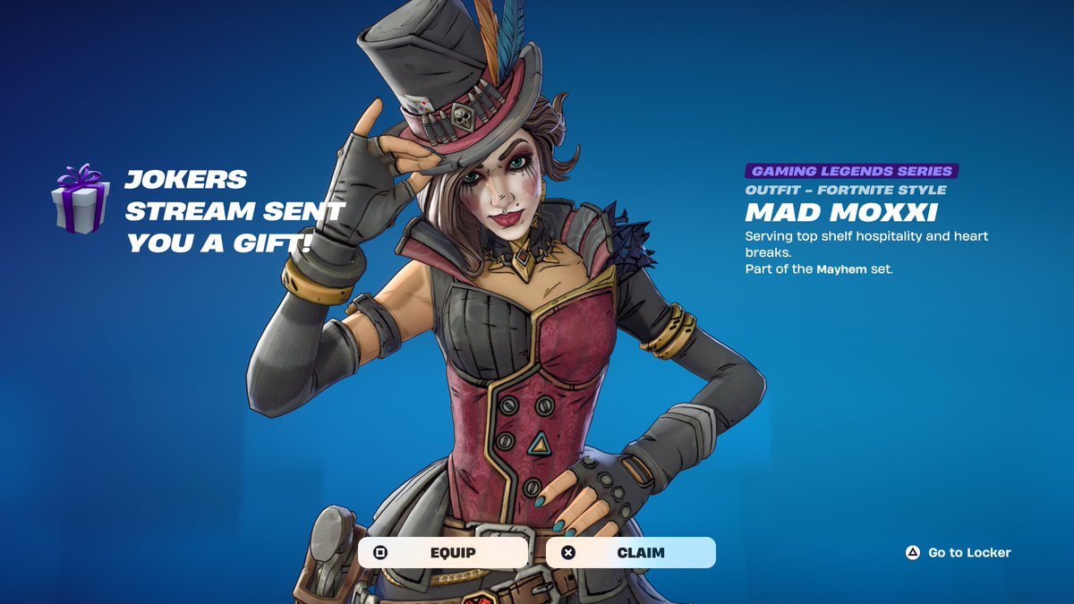 BossVersion1 (@bossversion1) on Twitter photo A tip of the hat to <a href="/Jokers_Stream_/">jokers_stream_</a> for the Mad Moxxi skin. 🎩 Thank you!
I was able to redeem some giveaway wins to get this cool skin. She's really cool.
Come to his Twitch stream and hang with us RIGHT NOW. Joker is LIVE playing Fortnite. More giveaways too. A tip of the hat to <a href="/Jokers_Stream_/">jokers_stream_</a> for the Mad Moxxi skin. 🎩 Thank you!
I was able to redeem some giveaway wins to get this cool skin. She's really cool.
Come to his Twitch stream and hang with us RIGHT NOW. Joker is LIVE playing Fortnite. More giveaways too.