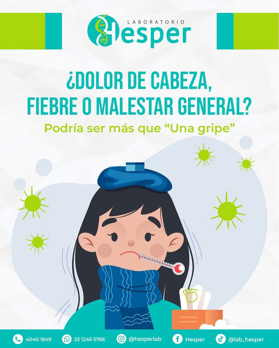 Hesperlab's tweet image. 🌡 ¿𝗗𝗼𝗹𝗼𝗿 𝗱𝗲 𝗰𝗮𝗯𝗲𝘇𝗮, 𝗳𝗶𝗲𝗯𝗿𝗲 𝗼 𝗺𝗮𝗹𝗲𝘀𝘁𝗮𝗿 𝗴𝗲𝗻𝗲𝗿𝗮𝗹? Podría ser más que “Una gripe”…

En temporada de calor y lluvias, aumentan los casos de ☀💧: 

✅ Infecciones respiratorias 
✅ Dengue 
✅ Enfermedades digestivas

🚫 ¡No te automediques!