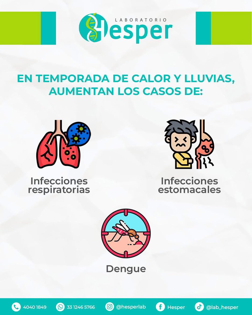 Hesperlab's tweet image. 🌡 ¿𝗗𝗼𝗹𝗼𝗿 𝗱𝗲 𝗰𝗮𝗯𝗲𝘇𝗮, 𝗳𝗶𝗲𝗯𝗿𝗲 𝗼 𝗺𝗮𝗹𝗲𝘀𝘁𝗮𝗿 𝗴𝗲𝗻𝗲𝗿𝗮𝗹? Podría ser más que “Una gripe”…

En temporada de calor y lluvias, aumentan los casos de ☀💧: 

✅ Infecciones respiratorias 
✅ Dengue 
✅ Enfermedades digestivas

🚫 ¡No te automediques!