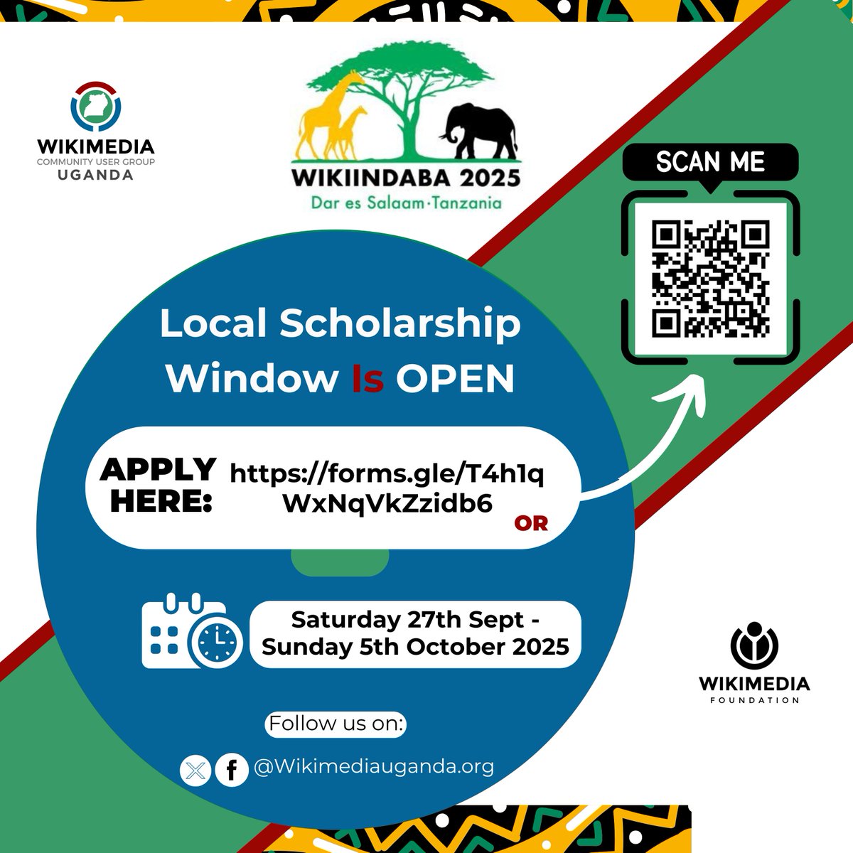 Dear Ugandan Wikimedians,
We are excited to announce the local WikiIndaba scholarships 2025. Apply and join one of the most vibrant gatherings of Wikimedians from across Africa and the diaspora. 
🔗 Apply here: forms.gle/T4h1qWxNqVkZzi…
🕒 Deadline: 5th October 2025.