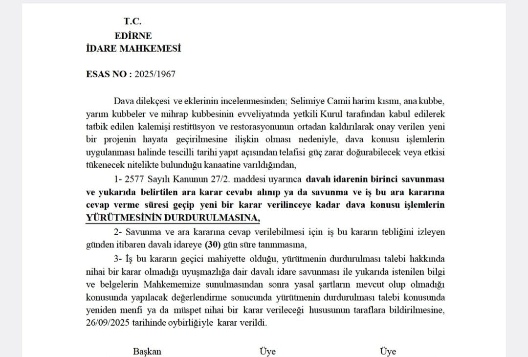 Beklenen karar!
Selimiye Camii'ne yapılan kıyım mahkemece şimdilik durduruldu. İnşallah bunlara bir daha fırsat verilmez!
#SelimiyeyeDokunma