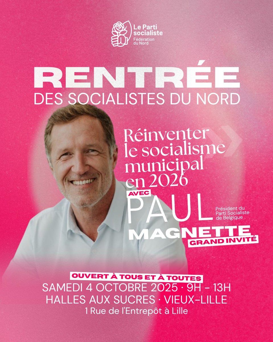 🌹 Les socialistes du Nord font leur rentrée !

Rendez-vous cette année pour une édition centré autour du renouveau du socialisme municipal avec en invité d'honneur <a href="/PaulMagnette/">Paul Magnette</a>.

➡️ Retrouvons-nous, en nombre, ce samedi 4 octobre dès 9h aux Halles aux Sucres de Lille !