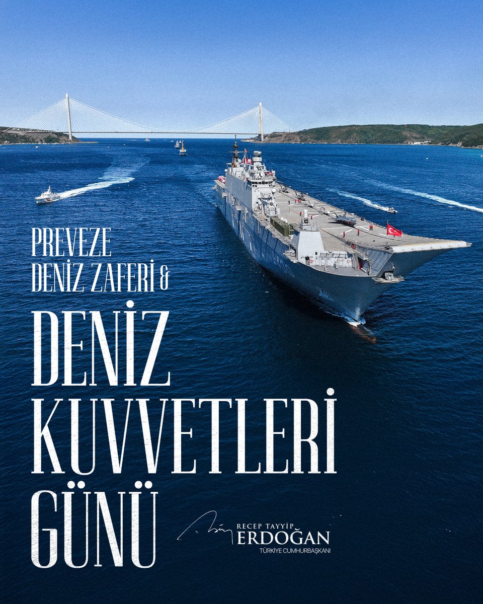 Şanlı Preveze Deniz Zaferimizin yıl dönümü ile Deniz Kuvvetleri Günü’nü yürekten tebrik ediyor, bu destansı zaferle Akdeniz’i bir Türk gölü haline getiren Kaptanıderya Barbaros Hayreddin Paşa ile kahraman leventlerini rahmetle yâd ediyorum.

Mavi Vatan’ımızın savunucusu kahraman