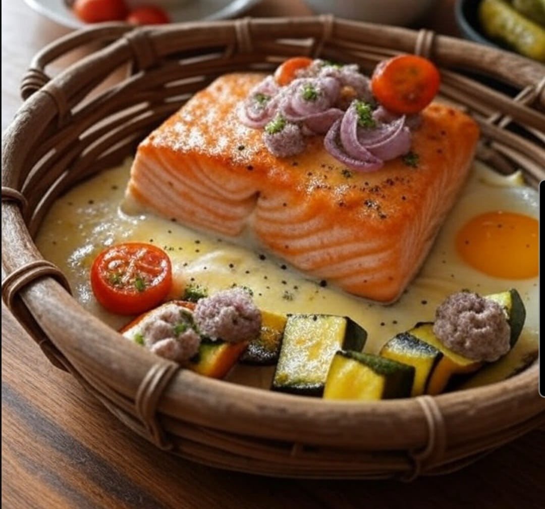 decentlefty's tweet image. סלמון אפוי בתנור ברוטב בשאמל מורניי, מוגש בסלסילה בסגנון פרובנס, עם בצלצלי שאלוט וחצילונים מעוטרים בפטה כמהין, ברנדי, וסוכריות קישואים צרובות בליווי מרק ירקות שורש, ביצת עין וחמוצים