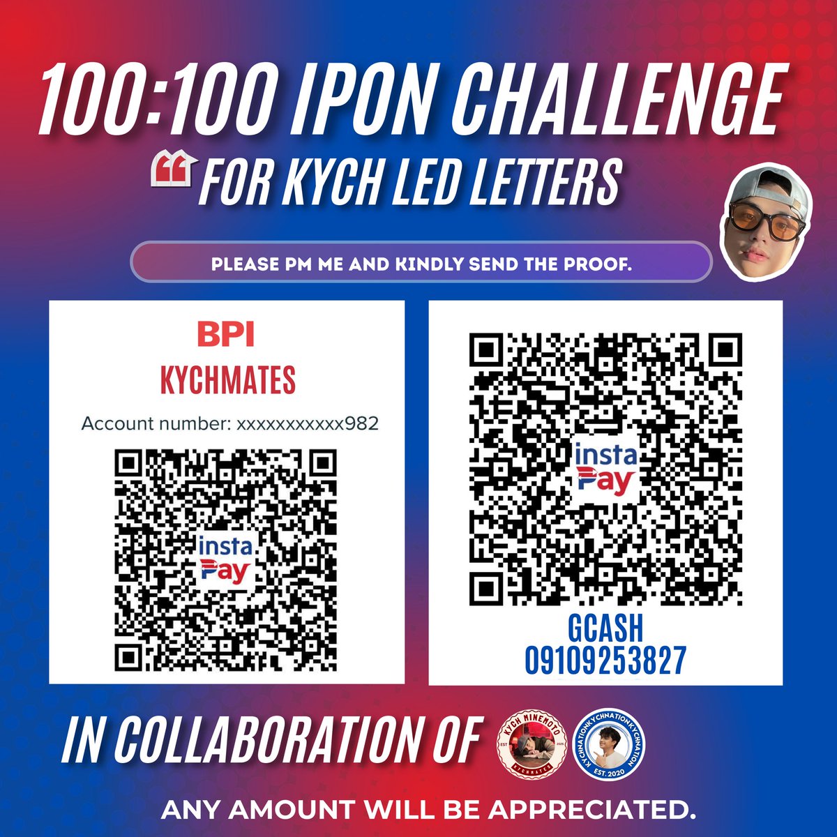 100:100 IPON CHALLENGE 💙✨

100 Kychnation &amp; Kychmates, ₱100 each 🙌
Together, let’s save for future projects and keep supporting <a href="/KychMinemoto_/">Kych Minemoto</a> 💫

Every contribution counts — let’s make it happen! 💯

All for Kych, always. 💙❤️