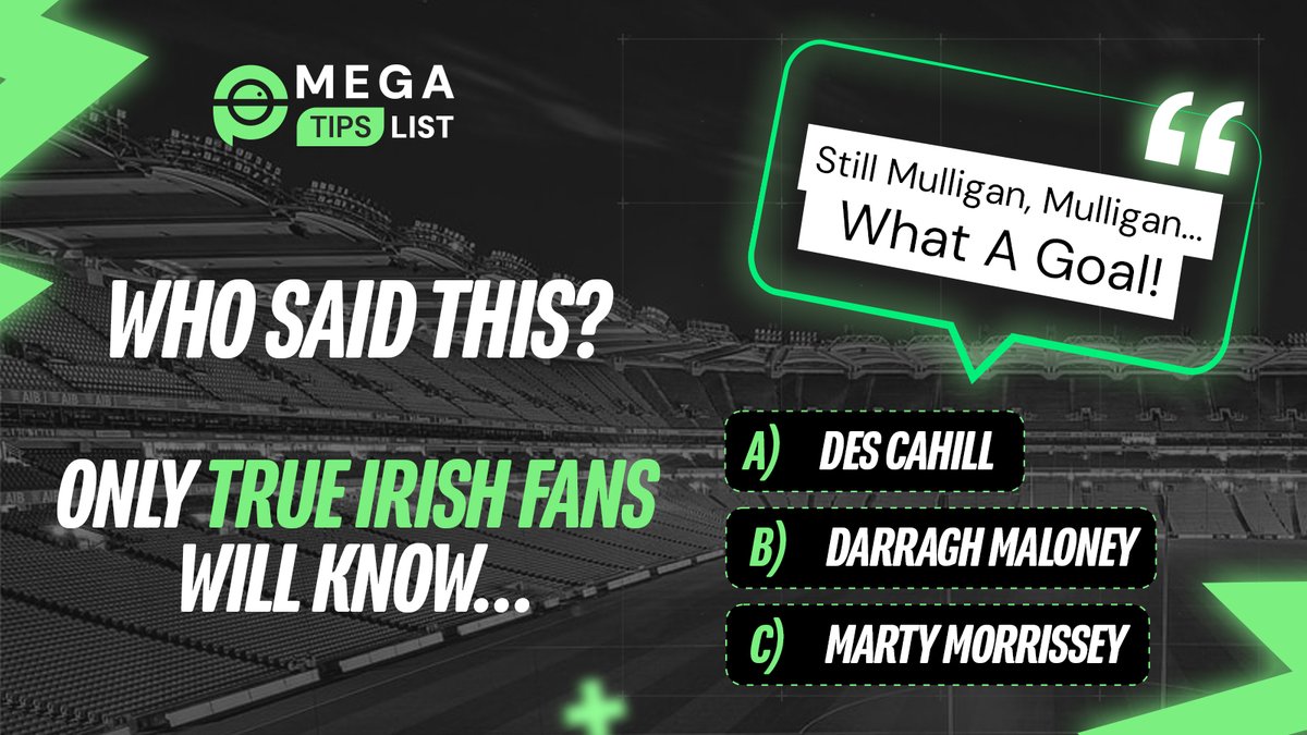 megatipslist's tweet image. “Still Mulligan, Mulligan... What A Goal!” 🎙️
Only true Irish fans will know who said it.
👉 Drop your answer (no Googling).

#IrishSport #OnlyTrueFans #FanQuiz